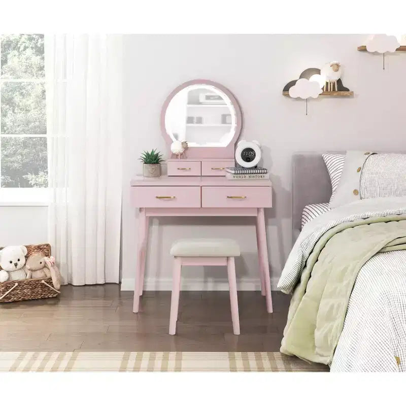 Toeletta con specchio rotondo illuminato e 4 cassetti, sgabello imbottito – Nero / Grigio / Rosa / Bianco, 1 persona