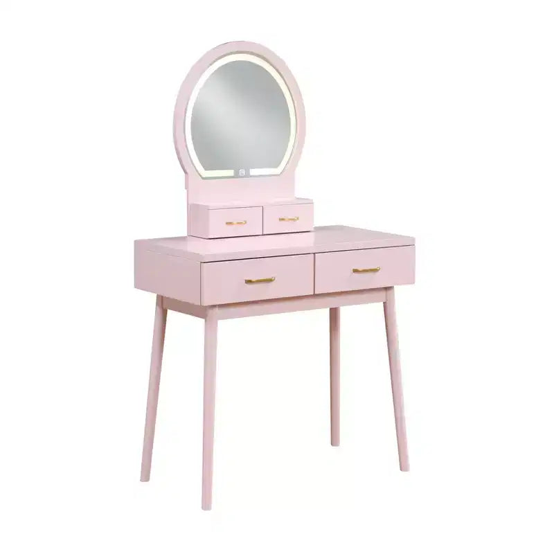 Toeletta con specchio rotondo illuminato e 4 cassetti, sgabello imbottito – Nero / Grigio / Rosa / Bianco, 1 persona