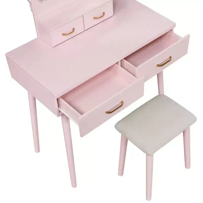 Toeletta con specchio rotondo illuminato e 4 cassetti, sgabello imbottito – Nero / Grigio / Rosa / Bianco, 1 persona