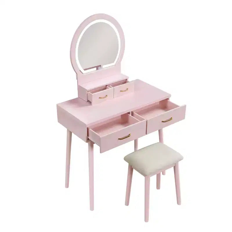 Toeletta con specchio rotondo illuminato e 4 cassetti, sgabello imbottito – Nero / Grigio / Rosa / Bianco, 1 persona