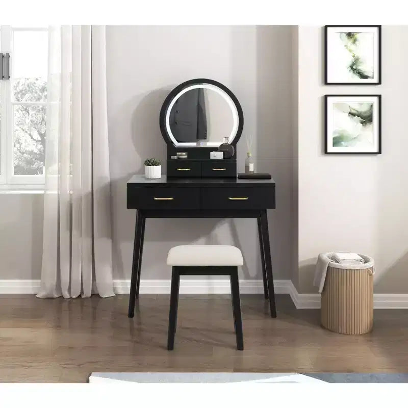 Toeletta con specchio rotondo illuminato e 4 cassetti, sgabello imbottito – Nero / Grigio / Rosa / Bianco, 1 persona