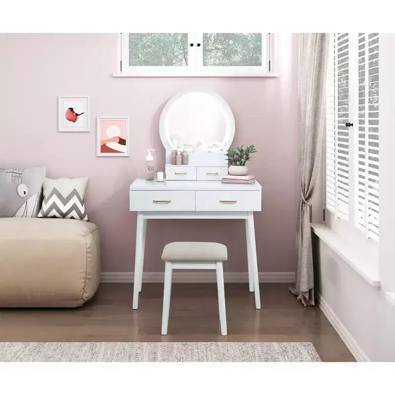 Toeletta con specchio rotondo illuminato e 4 cassetti, sgabello imbottito – Nero / Grigio / Rosa / Bianco, 1 persona