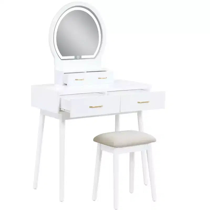 Toeletta con specchio rotondo illuminato e 4 cassetti, sgabello imbottito – Nero / Grigio / Rosa / Bianco, 1 persona