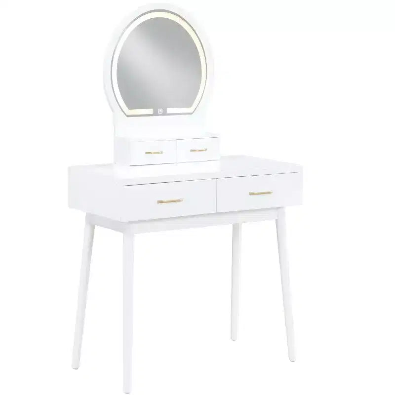 Toeletta con specchio rotondo illuminato e 4 cassetti, sgabello imbottito – Nero / Grigio / Rosa / Bianco, 1 persona