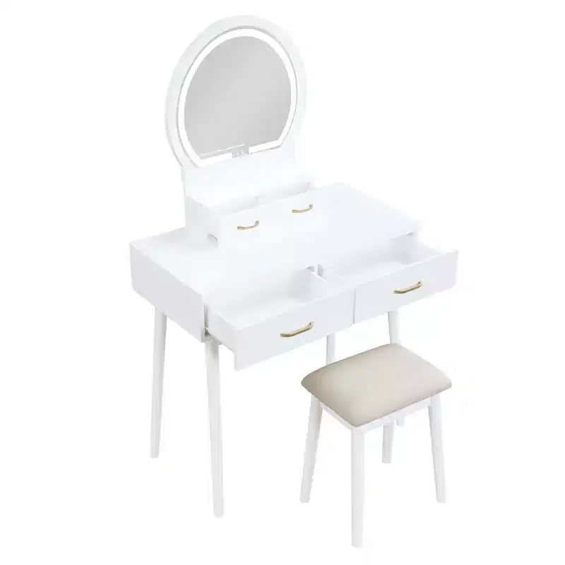 Toeletta con specchio rotondo illuminato e 4 cassetti, sgabello imbottito – Nero / Grigio / Rosa / Bianco, 1 persona