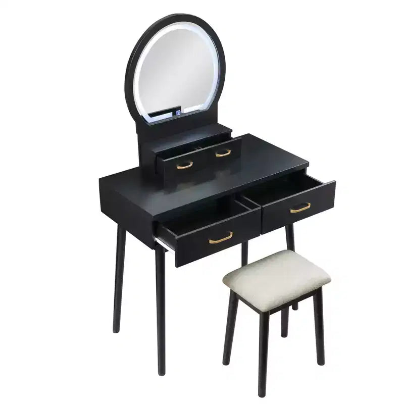 Toeletta con specchio rotondo illuminato e 4 cassetti, sgabello imbottito – Nero / Grigio / Rosa / Bianco, 1 persona
