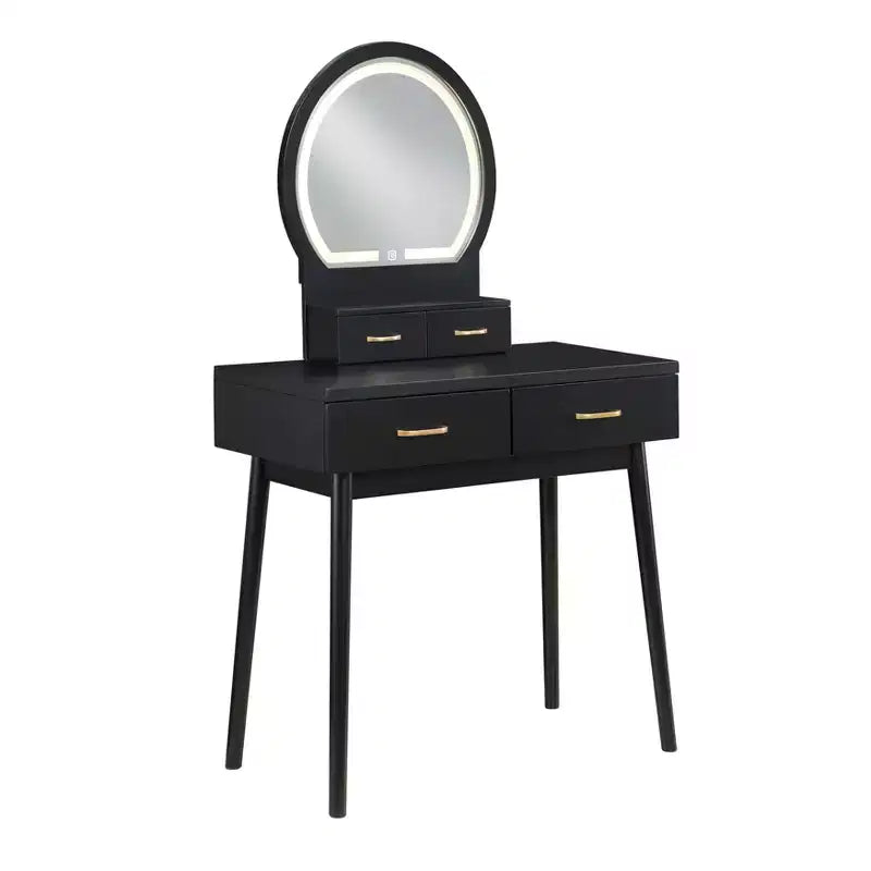 Toeletta con specchio rotondo illuminato e 4 cassetti, sgabello imbottito – Nero / Grigio / Rosa / Bianco, 1 persona