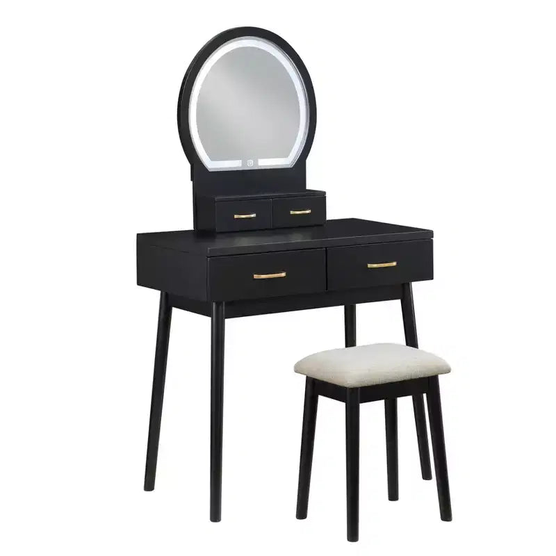 Toeletta con specchio rotondo illuminato e 4 cassetti, sgabello imbottito – Nero / Grigio / Rosa / Bianco, 1 persona