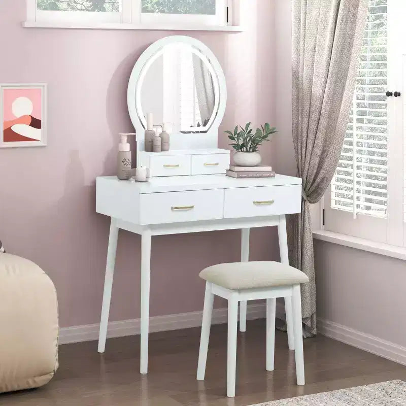 Toeletta con specchio rotondo illuminato e 4 cassetti, sgabello imbottito – Nero / Grigio / Rosa / Bianco, 1 persona