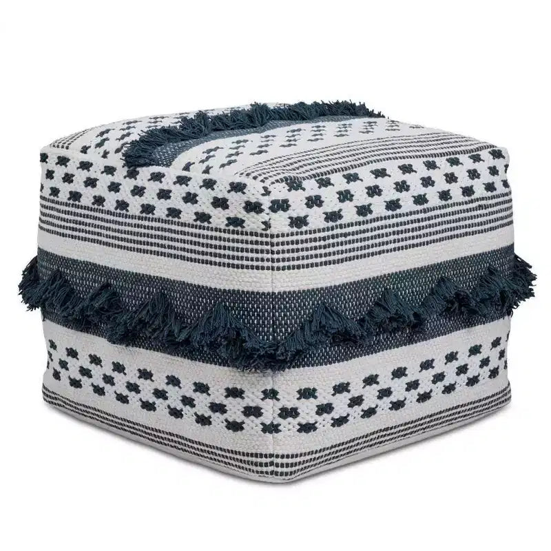 Bowden Hand Woven Square Cotton Pouf Ottoman in Grey and Ivory