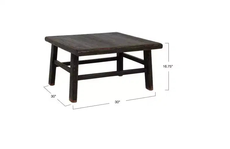 Tavolino Quadrato Nero, Legno di Olmo Riciclato, a 4 Gambe