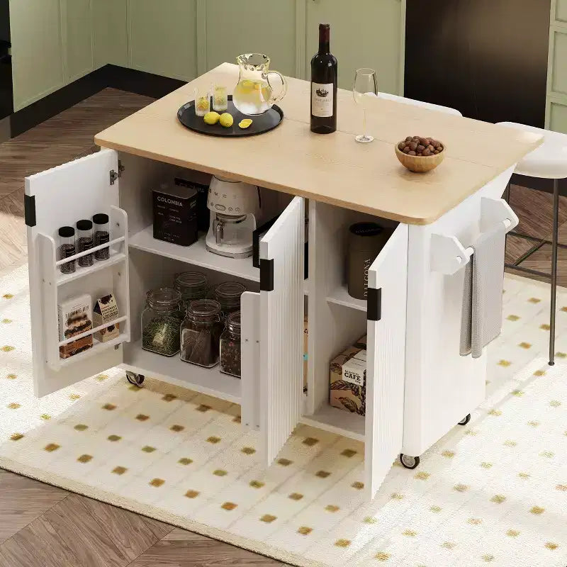 Isola da cucina su ruote, Nero/Bianco, 3 cassetti e 2 armadietti