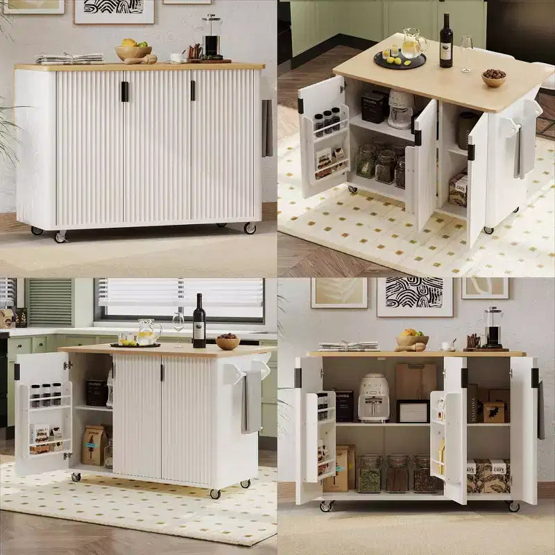 Isola da cucina su ruote, Nero/Bianco, 3 cassetti e 2 armadietti