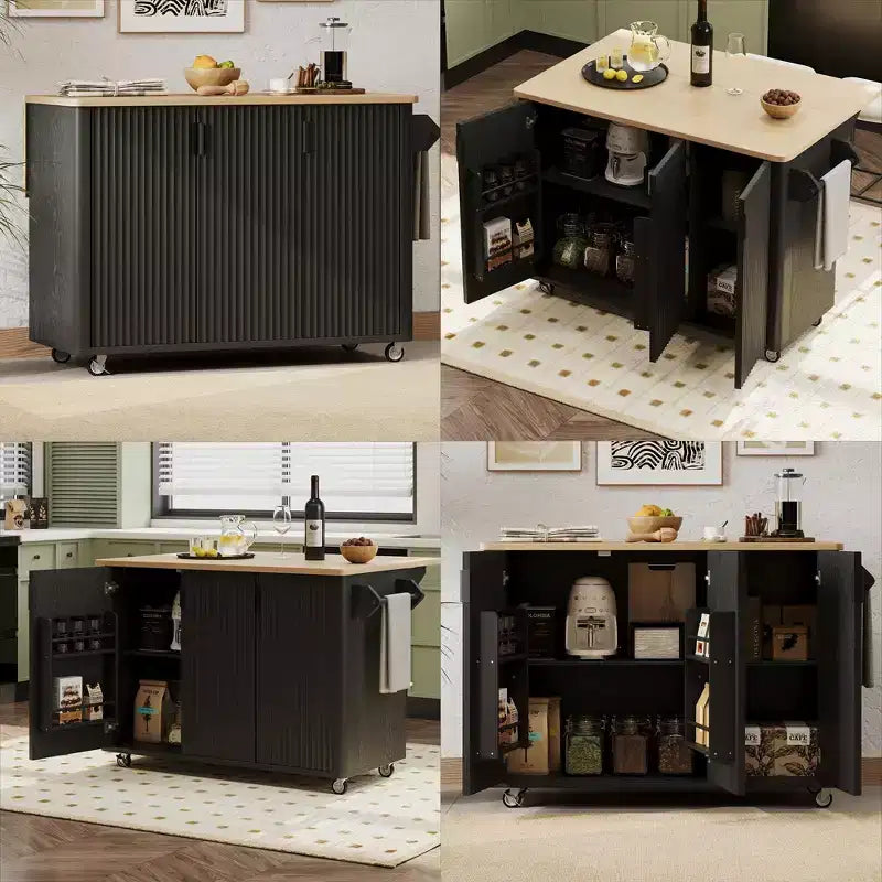 Isola da cucina su ruote, Nero/Bianco, 3 cassetti e 2 armadietti