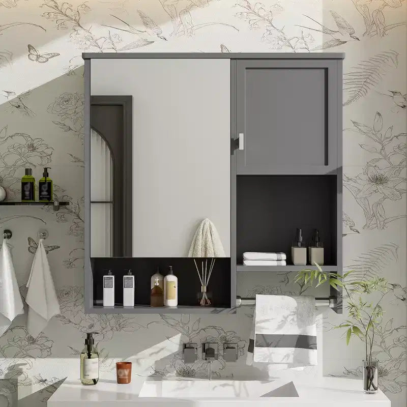 Mobiletto portamedicine a parete con specchio 29''×28'', nero/grigio/bianco, 1–2 persone