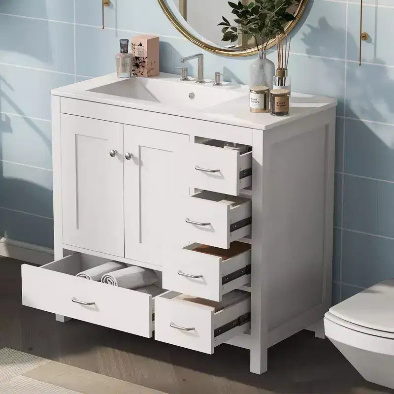 Mobile Bagno da Terra Bianco con Lavabo, 5 Cassetti e 2 Ante Ammortizzate, Singolo