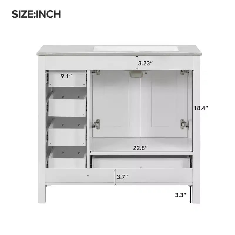 Mobile Bagno da Terra Bianco con Lavabo, 5 Cassetti e 2 Ante Ammortizzate, Singolo