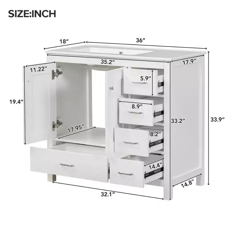 Mobile Bagno da Terra Bianco con Lavabo, 5 Cassetti e 2 Ante Ammortizzate, Singolo