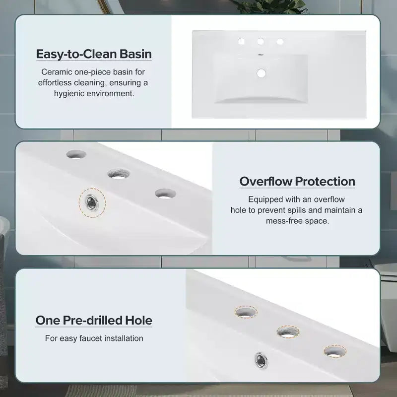 Mobile Bagno da Terra Bianco con Lavabo, 5 Cassetti e 2 Ante Ammortizzate, Singolo