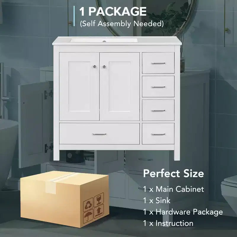 Mobile Bagno da Terra Bianco con Lavabo, 5 Cassetti e 2 Ante Ammortizzate, Singolo