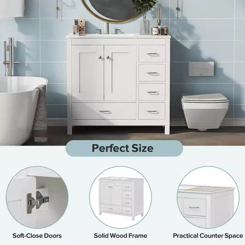 Mobile Bagno da Terra Bianco con Lavabo, 5 Cassetti e 2 Ante Ammortizzate, Singolo