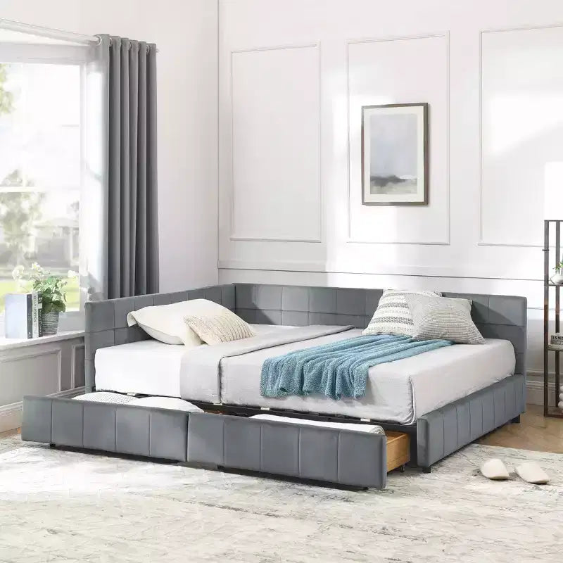 Divano letto matrimoniale in velluto grigio scuro con contenitore – 1 persona