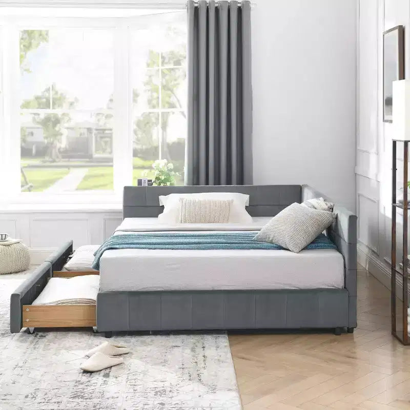 Divano letto matrimoniale in velluto grigio scuro con contenitore – 1 persona