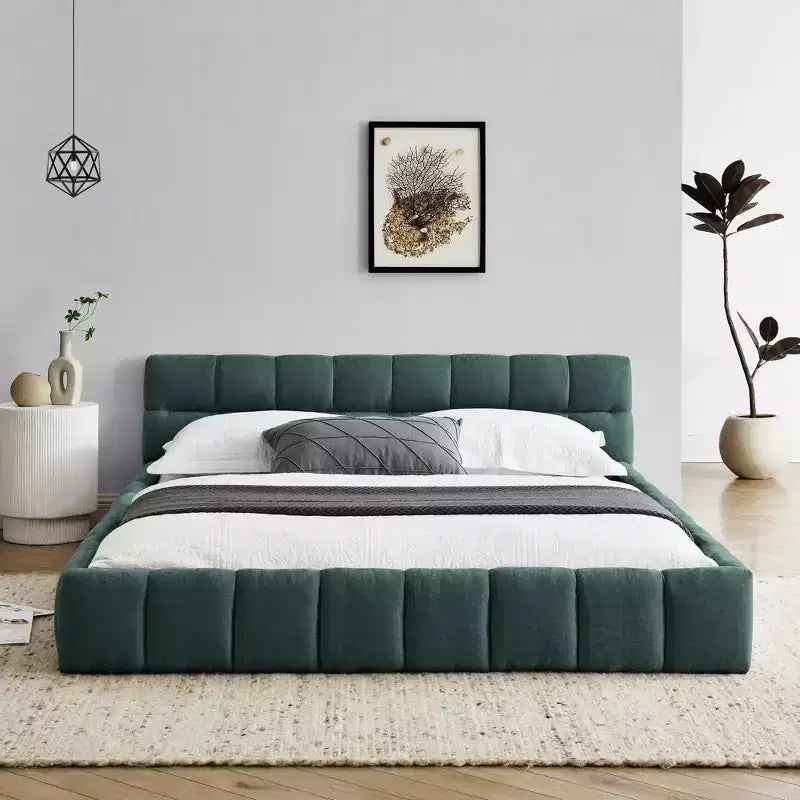 MAYEERTY Queen Size Upholstered Bed Frame with Thick Fabric with Headboard Solid Frame for Bedroom Blue
