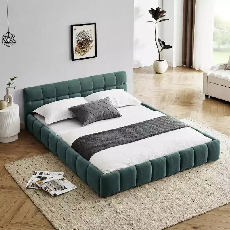 Letto a piattaforma imbottito queen size blu con testiera, 1 persona