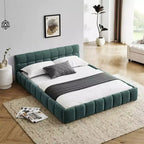Letto a piattaforma imbottito queen size blu con testiera, 1 persona