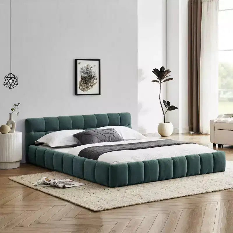 Letto a piattaforma imbottito queen size blu con testiera, 1 persona