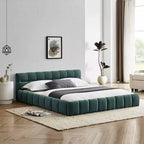 Letto a piattaforma imbottito queen size blu con testiera, 1 persona