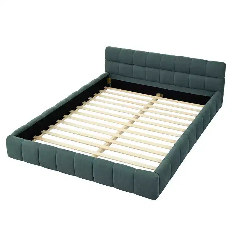 Letto a piattaforma imbottito queen size blu con testiera, 1 persona