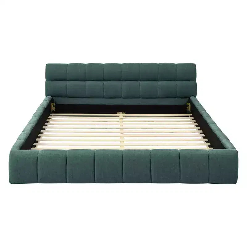Letto a piattaforma imbottito queen size blu con testiera, 1 persona
