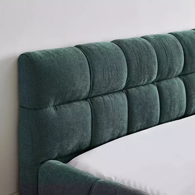 Letto a piattaforma imbottito queen size blu con testiera, 1 persona