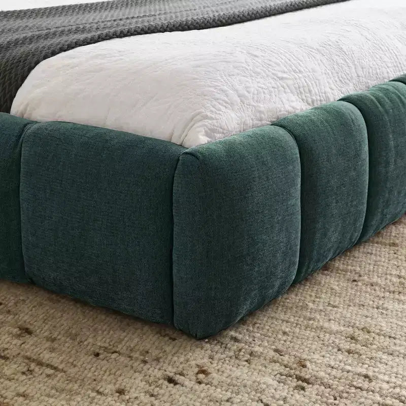 Letto a piattaforma imbottito queen size blu con testiera, 1 persona