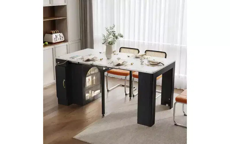 Tavolo da pranzo allungabile nero/blu/bianco con contenitore e LED, 6 posti a sedere