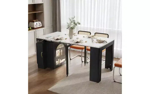 Tavolo da pranzo allungabile nero/blu/bianco con contenitore e LED, 6 posti a sedere