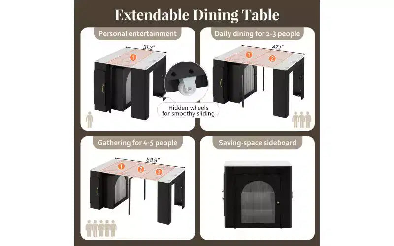 Tavolo da pranzo allungabile nero/blu/bianco con contenitore e LED, 6 posti a sedere
