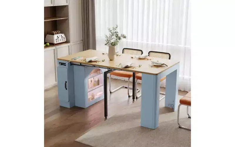 Tavolo da pranzo allungabile nero/blu/bianco con contenitore e LED, 6 posti a sedere