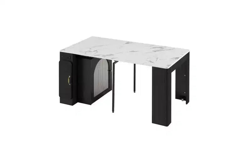 TUYOHW Extending Dining Table with Power Outlet,Mobile Rolling Kitchen Table with Arch Glass Door,Storage Island Table for Kitchen,Living Room