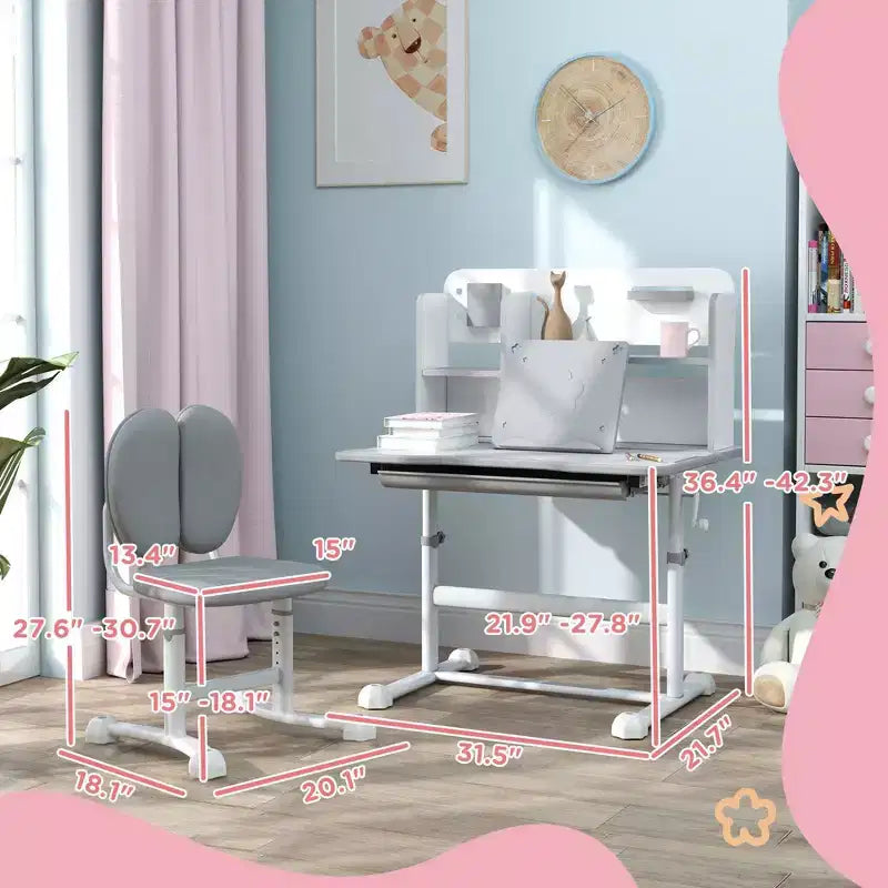 Scrivania e sedia per bambini regolabili in altezza grigie/rosa, età 3-12 anni, 1 bambino