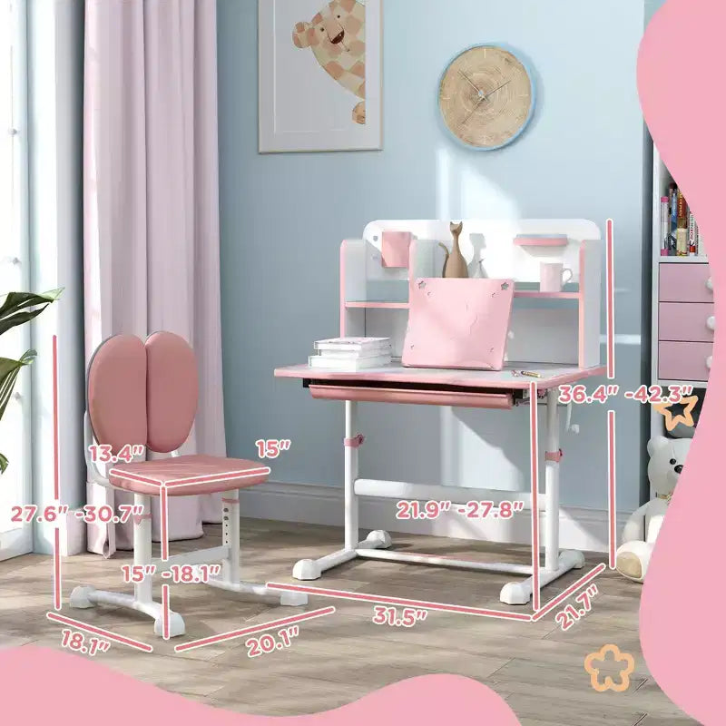 Scrivania e sedia per bambini regolabili in altezza grigie/rosa, età 3-12 anni, 1 bambino