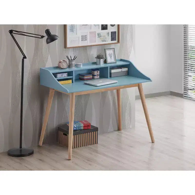 Scrivania blu/grigia con pensile e 4 ripiani aperti, 1 posto