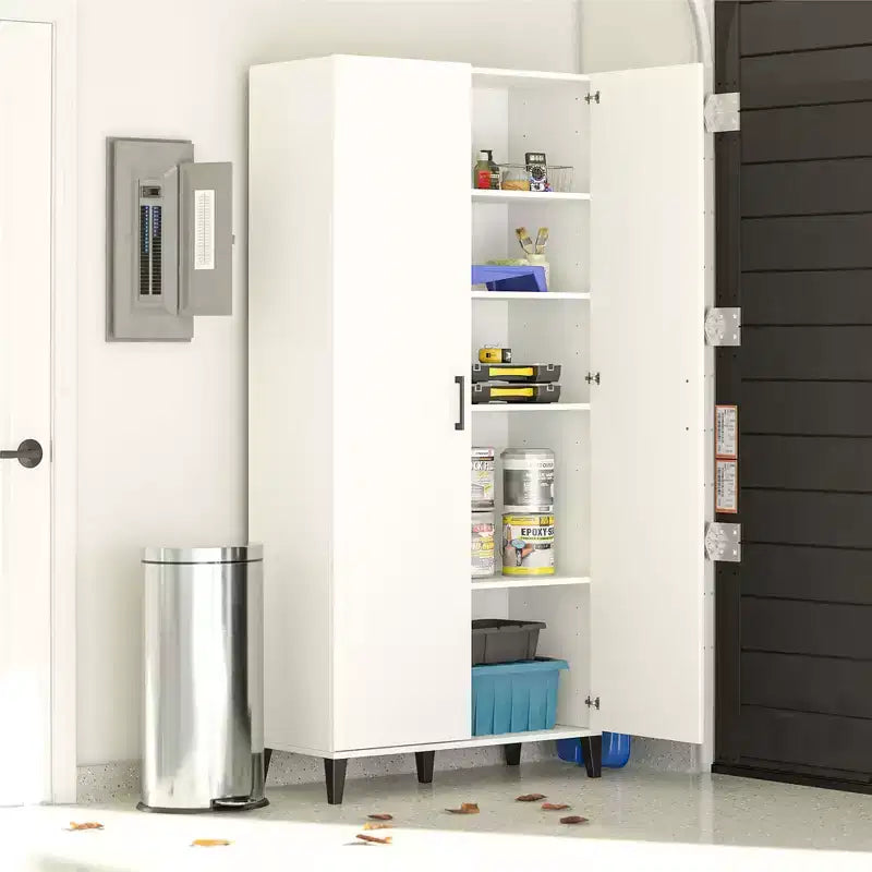 Armadietto alto da bagno bianco con 5 ripiani e 2 ante