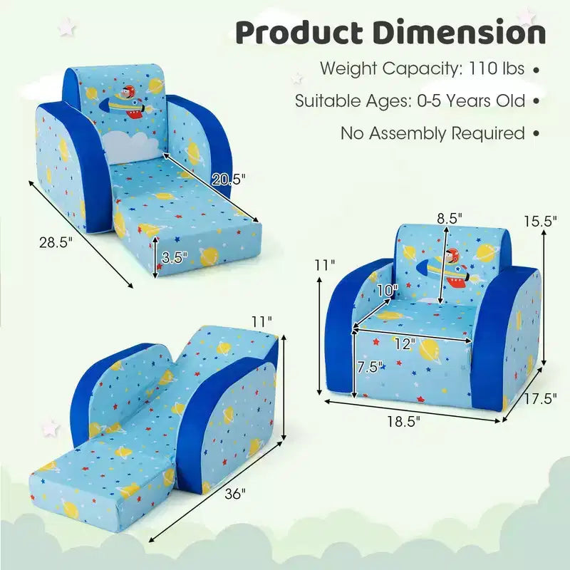 Divano Convertibile per Bambini 3-in-1, 1 Posto, Blu