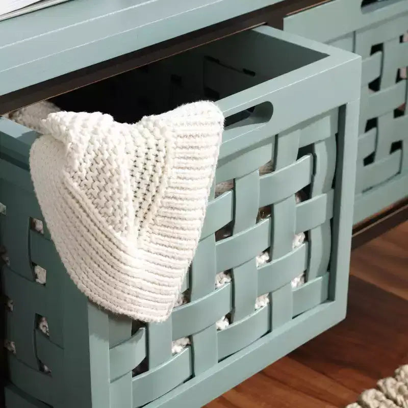 Panca contenitore in legno di rovere/verde polvere con cassetto, 2 posti