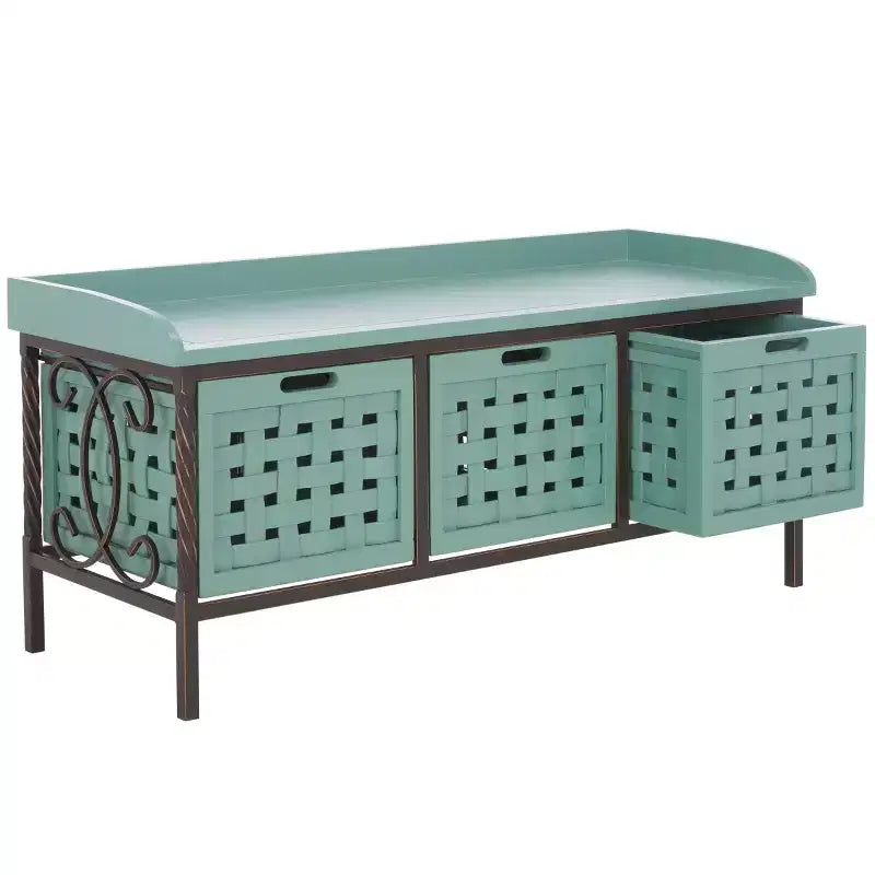 Panca contenitore in legno di rovere/verde polvere con cassetto, 2 posti